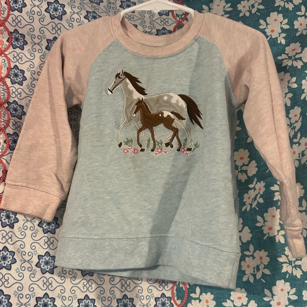 John Deere Kids Horse Graphic Long Sleeve Shirt - Light Blue and Beige